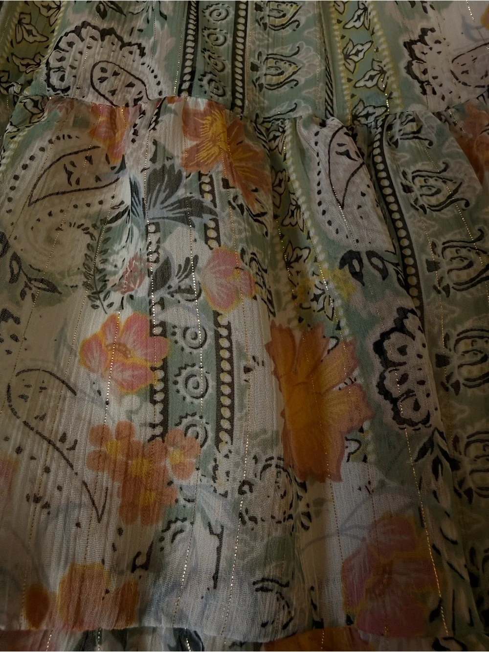 Altar'd State Sage Green Floral Tiered A-Line Skirt with Peach Accents - Picture 4 of 12